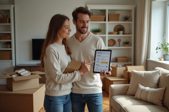 Couple consultant les restrictions et options tarifaires Leboncoin sur une tablette lors d'un tri d'objets à vendre