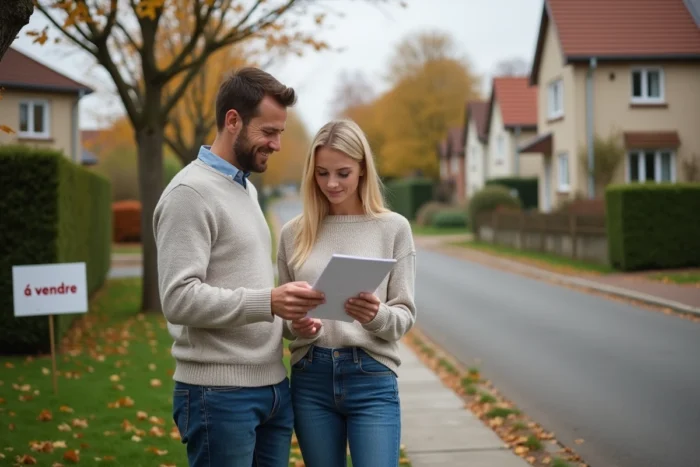 Couple visitant une maison à vendre et consultant une brochure immobilière dans une rue résidentielle