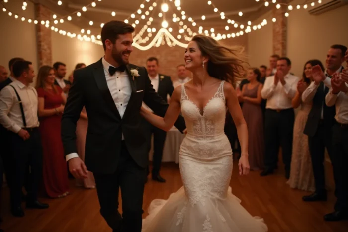 Mariée et marié dansant avec énergie au milieu de leurs invités enthousiastes sur Crazy in Love de Beyoncé lors de leur réception