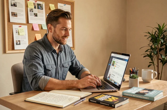 Un homme rédigeant un article pour son blog monétisé par affiliation et publicité, avec un tableau de bord WordPress ouvert sur son ordinateur portable et des notes de contenu affichées