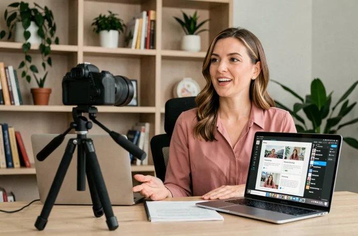 Une femme enregistrant une formation en ligne depuis son bureau à domicile, devant une caméra sur trépied avec des diapositives visibles sur un ordinateur portable