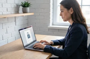 Femme professionnelle cryptant un document PDF sur son ordinateur portable dans un bureau à domicile moderne