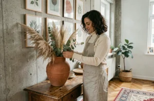 Femme arrangeant des fleurs séchées dans un vase en terre cuite sur une console vintage dans un salon à la décoration originale et personnalisée