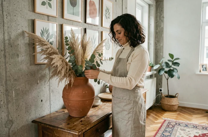 Femme arrangeant des fleurs séchées dans un vase en terre cuite sur une console vintage dans un salon à la décoration originale et personnalisée