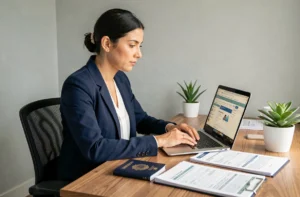Femme remplissant une demande de visa électronique en ligne sur son ordinateur portable avec son passeport posé sur le bureau