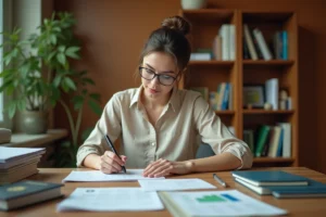Femme préparant les démarches administratives pour un voyage solidaire, entourée de documents officiels et d'un passeport sur un bureau en bois