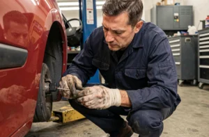 Technicien automobile déconnectant l'antidémarrage d'une Renault Clio 2 dans un garage indépendant