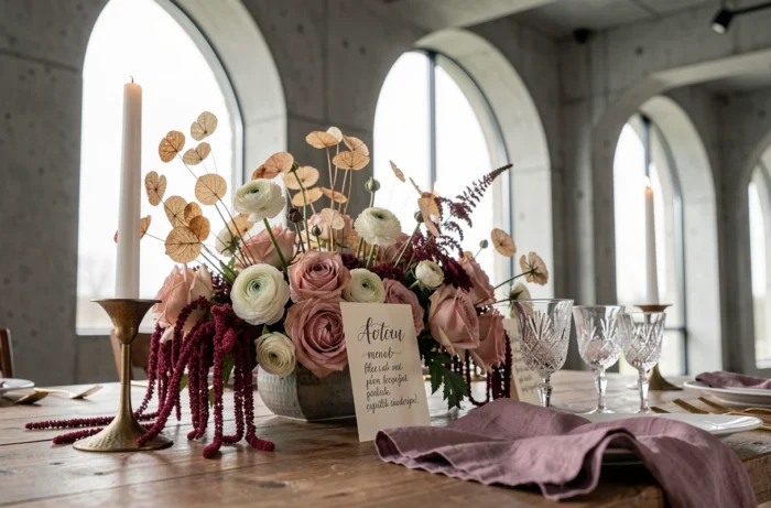 Détail de table de mariage contemporaine avec fleurs séchées, verrerie vintage, bougeoirs en laiton martelé et menu en calligraphie, tendance 2024