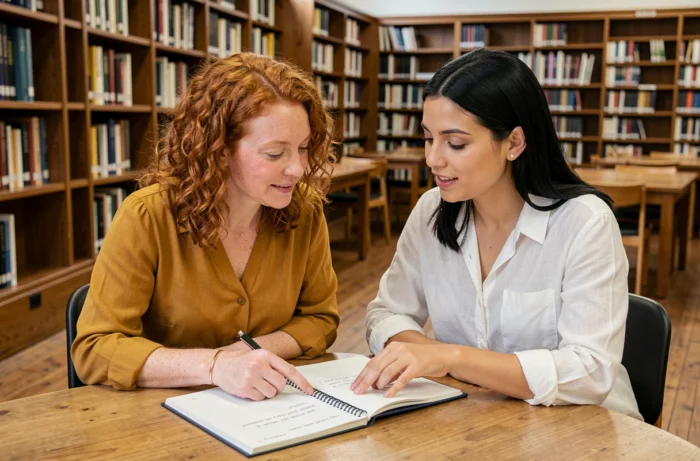 Deux femmes étudiant ensemble les règles d'accord en français dans une bibliothèque universitaire, pointant des exercices sur les pronoms possessifs dans un cahier