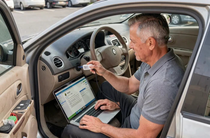 Technicien connectant un outil de diagnostic OBD sur une Renault Clio 2 pour reprogrammation du calculateur moteur
