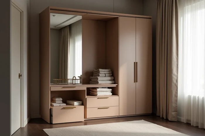 Dressing d'angle compact avec portes miroir coulissantes et rangements intégrés dans une petite chambre