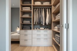 Dressing chambre bien organisé avec étagères blanches du sol au plafond et rangements optimisés