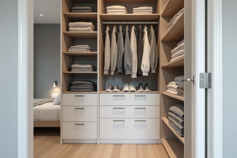 Dressing chambre bien organisé avec étagères blanches du sol au plafond et rangements optimisés