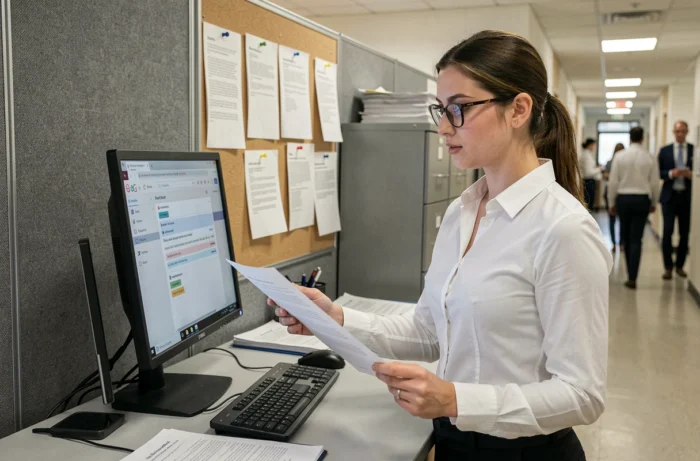 Employée administrative consultant la messagerie Zimbra CD66 debout à son poste de travail dans un bâtiment institutionnel