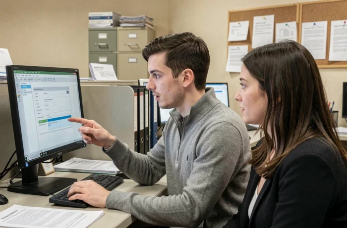 Deux employés municipaux diagnostiquant ensemble un problème de connexion au réseau Intraparis Nomade dans un bureau administratif