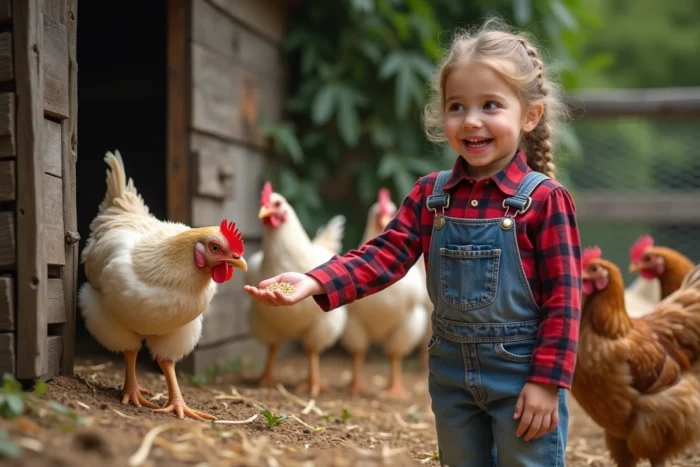 Jeune fille donnant du grain à des poules dans une basse-cour rustique avec poulailler en bois