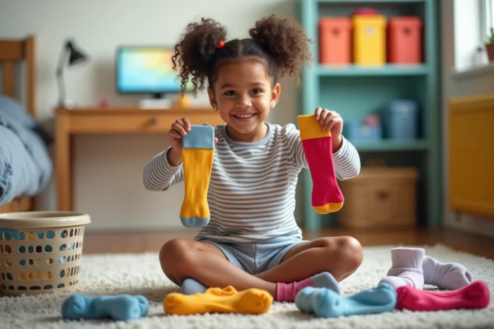 Une fillette aux cheveux bouclés assise sur le sol de sa chambre, tenant fièrement une paire de chaussettes colorées qu'elle vient d'associer lors d'une activité de tri