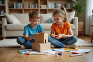 Deux enfants construisant une cabane en carton dans le salon, activité créative et ludique au quotidien