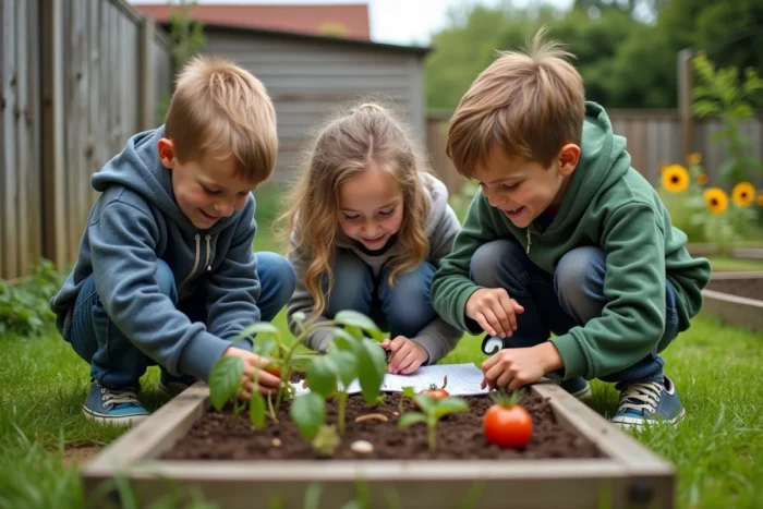 Trois enfants explorant un potager dans le jardin avec des loupes, activité nature éducative et amusante