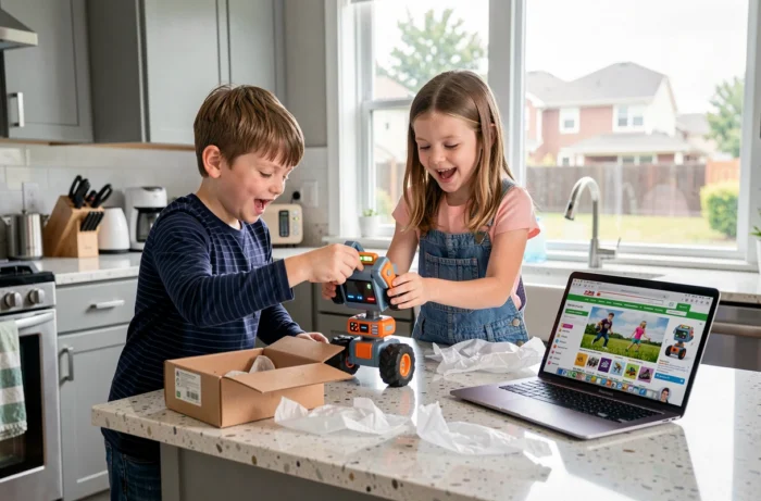 Enfants jouant avec un robot tendance déballé commandé en ligne, entourés d'emballages et d'un ordinateur portable dans une cuisine moderne