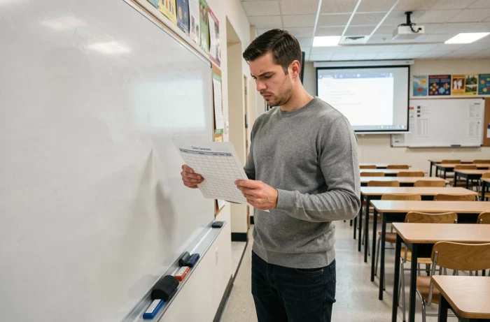 Enseignant contractuel debout dans une salle de classe vide consultant une grille de salaire imprimée de l'Éducation nationale