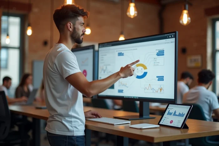 Jeune entrepreneur masculin analysant un entonnoir de vente en ligne et des métriques e-commerce sur deux écrans dans un espace de coworking