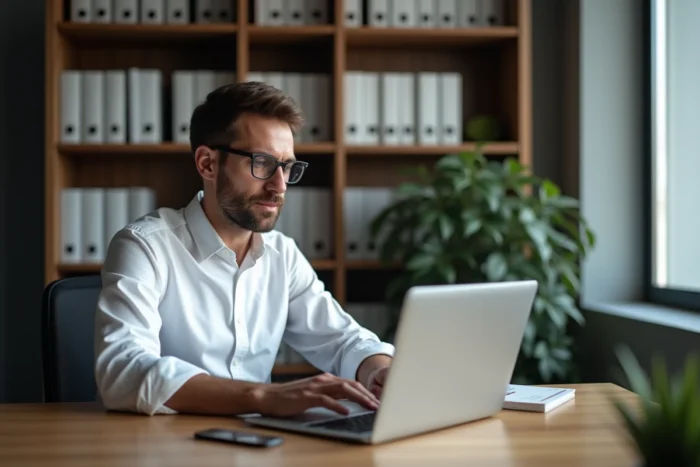 Entrepreneur concentré utilisant un logiciel de gestion de projet innovant sur ordinateur portable dans un bureau épuré