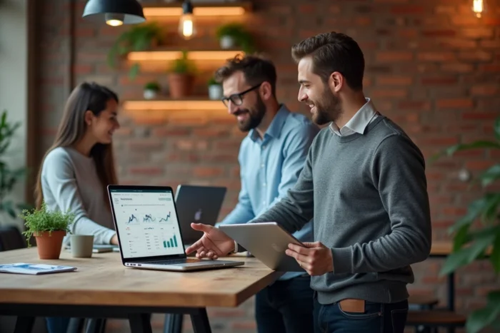 Entrepreneur créatif discutant de services digitaux sur-mesure avec un collègue dans un espace de coworking moderne