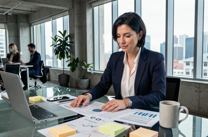 Entrepreneuse concentrée analysant des rapports business dans un bureau moderne avec vue sur la ville