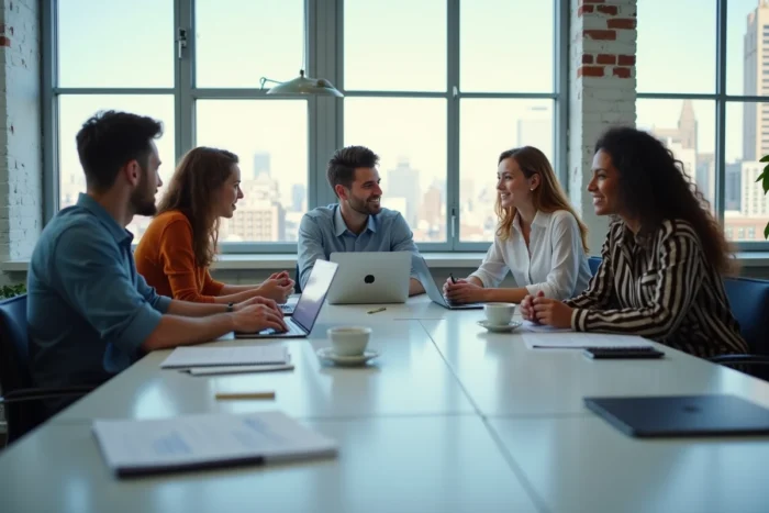 Équipe de professionnels collaborant autour d'une table de réunion moderne pour développer des stratégies d'innovation d'entreprise