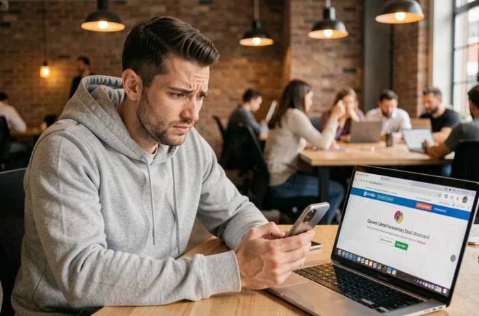 Homme consultant son smartphone face à un message d'erreur sur la messagerie webmail dans un espace de coworking