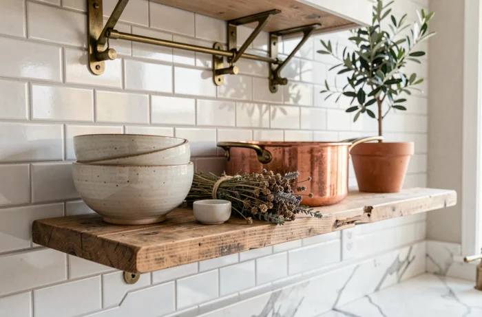 Étagère de cuisine décorée avec céramiques artisanales, cuivre et herbes séchées pour une maison au style tendance et authentique