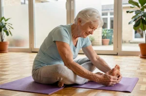 Femme de 80 ans faisant des étirements doux sur un tapis de yoga dans un studio de gym douce