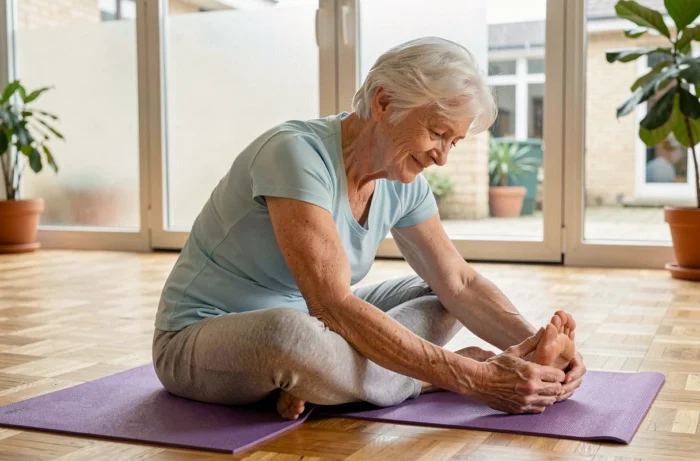 Femme de 80 ans faisant des étirements doux sur un tapis de yoga dans un studio de gym douce