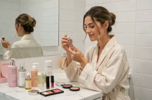 Femme explorant une collection de produits de beauté sur une coiffeuse en marbre blanc dans une salle de bain minimaliste