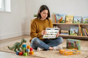 Jeune femme assise entourée de jouets tendance pour enfants, consultant un site de vente en ligne sur une tablette dans un salon scandinave