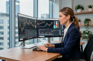 Femme professionnelle analysant ses investissements boursiers sur une plateforme en ligne avec double écran