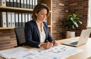 Femme professionnelle analysant des plans immobiliers et des documents financiers dans un bureau moderne pour préparer un investissement immobilier