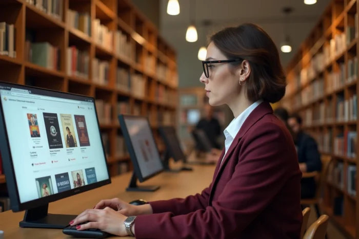 Femme en blazer bordeaux consultant un site de téléchargement d'ebooks sur un ordinateur dans une bibliothèque publique