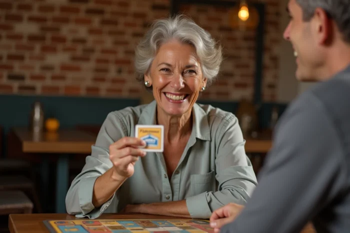 Femme souriante tenant une carte du jeu Béabonheur dans un café avec plateau de jeu en arrière-plan