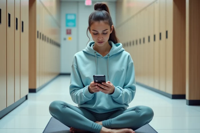 Jeune femme comparant les tarifs d'abonnement Basic Fit sur son smartphone dans une salle de sport