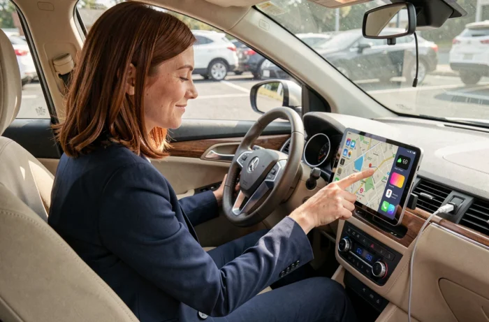Femme utilisant une tablette Android comme système CarPlay depuis le siège conducteur