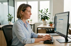 Femme professionnelle consultant sa messagerie Zimbra sur un ordinateur de bureau dans un open space moderne