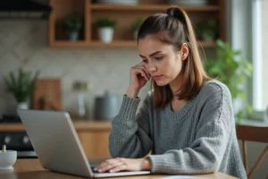 Femme consultant les nouveaux tarifs Leboncoin sur son ordinateur portable dans une cuisine moderne en 2026