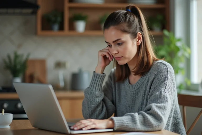 Femme consultant les nouveaux tarifs Leboncoin sur son ordinateur portable dans une cuisine moderne en 2026