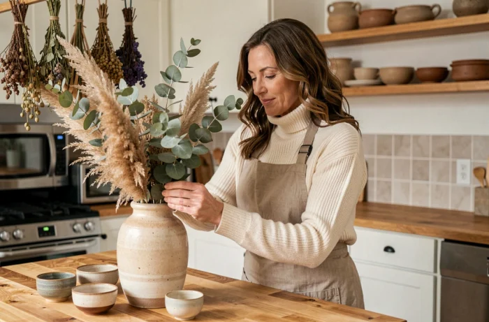 Femme arrangeant des fleurs séchées dans une cuisine artisanale avec étagères en bois et poteries faites main