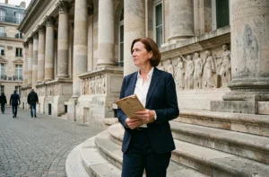 Femme en blazer marine tenant des documents juridiques devant un palais de justice néoclassique parisien, illustrant la défense des droits fondamentaux en France