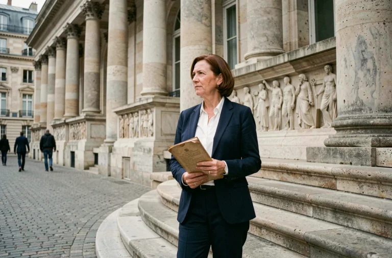 Femme en blazer marine tenant des documents juridiques devant un palais de justice néoclassique parisien, illustrant la défense des droits fondamentaux en France