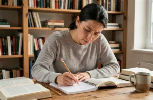 Femme en train d'écrire dans un cahier de grammaire française sur un bureau en bois, concentrée sur les règles d'accord des pronoms possessifs