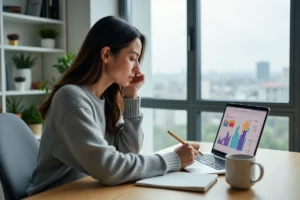 Femme entrepreneur travaillant sur des stratégies digitales devant un ordinateur portable affichant des graphiques de revenus en ligne